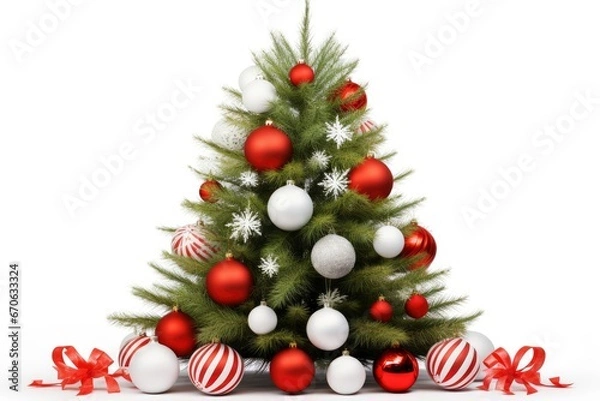 Fototapeta Festive Holiday Tree Decorated With Vibrant Red and White Ornaments Created With Generative AI Technology