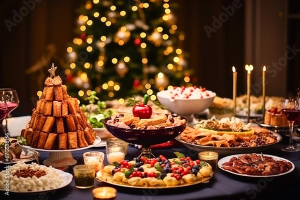Fototapeta Christmas dinner table full of dishes with food and snacks, New Year's decor with a Christmas tree in the background