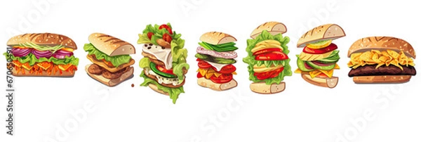 Fototapeta set of different sandwich with vegetables on transparent background