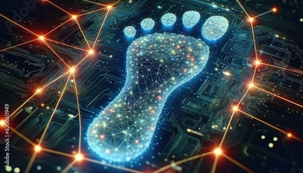 Fototapeta Digital Footprint Concept, Circuit Board Foot Shape, Online Data Trace, Cybersecurity, Privacy Awareness, Tech Imprint, Data Trail Visualization.