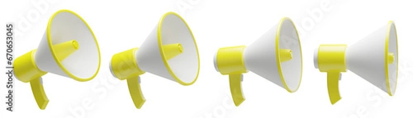Obraz set of 3d megaphones with transparent background, PNG, 3d render speaker, yellow bullhorn
