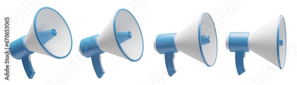 Obraz set of 3d megaphones with transparent background, PNG, 3d render speaker, blue bullhorn