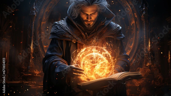 Obraz Dark hooded figure, fantasy character. Sinister wizard or warlock conjuring dark spells with a tome.