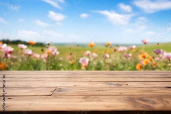 Obraz Empty wooden table light brown wood texture Blurred background, natural view Flower garden and blurred mountains