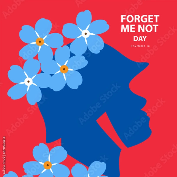 Fototapeta Forget Me Not Day on november 10, With concept a army silhouette and blue flower vector illustration and text isolated on abstract background for commemorate and celebrate Forget Me Not Day.