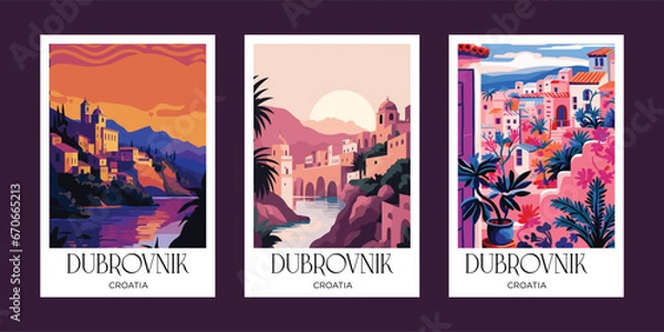 Fototapeta Set of posters for Dubai, United Arab Emirates. Colorful vector illustrations.