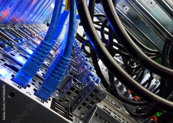 Obraz close up of network cables connected to server racks in data center room