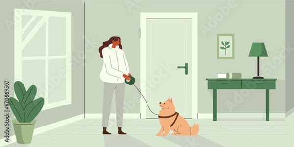 Fototapeta Pet owner or sitter and dog on the leash preparing to walk outside. Canine animal care concept. Flat vector illustration.

