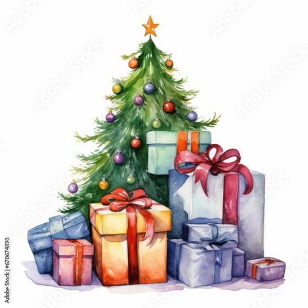 Fototapeta Watercolour Christmas tree with presents on an isolated white background