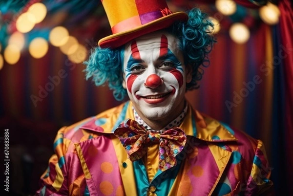 Fototapeta Funny laughing clown dressed in colorful clothes on colorful background. Generative Ai.