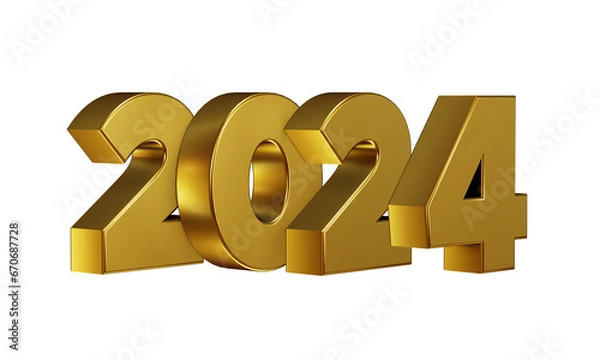 Obraz Inscription 2024. Volumetric gold plastic numbers on a transparent background. 3d render
