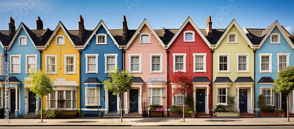 Obraz Colorful dutch style terraced houses. Concept of suburban life. Generative AI.