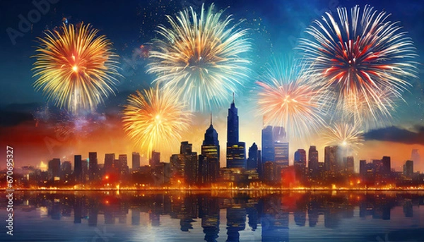 Obraz Illustration eines Feuerwerks vor einer Häusersilhouette