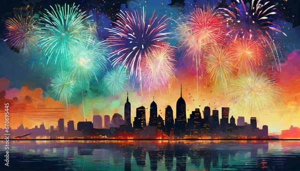 Obraz Illustration eines Feuerwerks vor einer Häusersilhouette