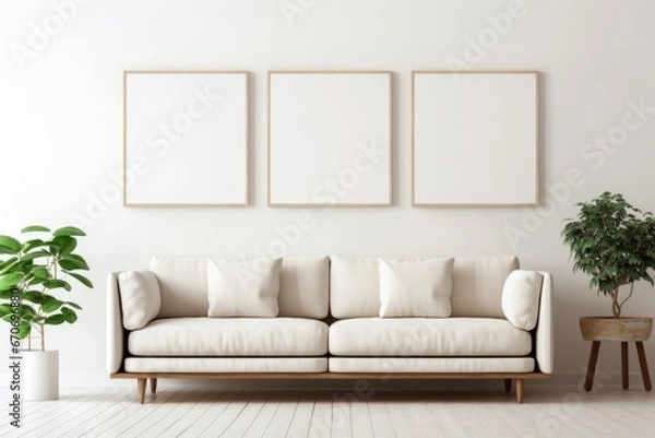 Fototapeta beige sofa in a room, interior mockup, living room mock-up, modern beige room mock up, empty wall mock-up, blank wall mockup, cosy sofa mockup