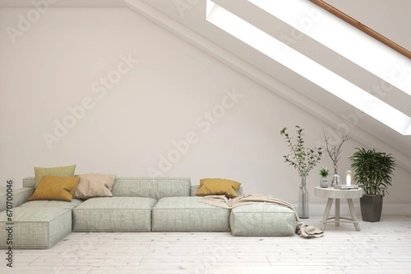 Fototapeta White modern interior design with sofa. Scandinavian interior design. 3D illustration