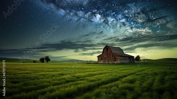Fototapeta  a barn in the middle of a green field under a night sky filled with stars and a star filled sky.  generative ai