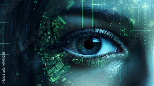 Fototapeta A close-up of the girl’s eye; diagrams and modern technologies are displayed in the pupil. Concept of new technologies, communications, internet, neural network