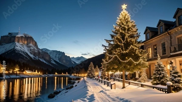 Fototapeta Weihnachtslandschaft mit beleuchtetem Weihnachtsbaum in verschneiter Bergkulisse mit Fluss