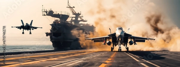 Fototapeta panoramic view of a generic military aircraft carrier ship with fighter jets take off during a special operation at a warzone, wide poster design with copy space area