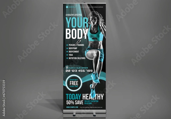 Fototapeta Modern Femine Sport Gym Roll-up Banner in Dark Colors and Cyan Blue Highlights