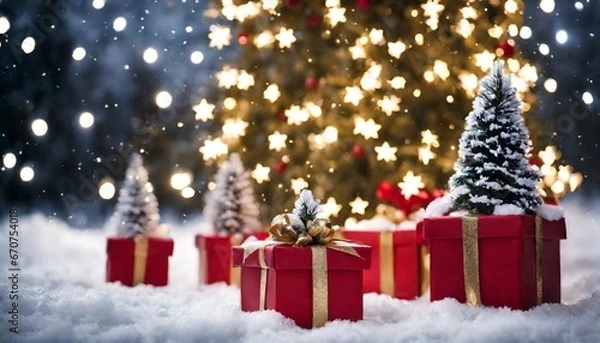 Obraz Illuminated christmas trees with red and golden garlands into a forest with snowy flakes with shape of stars close to xmas gifts in red boxes , Generative AI