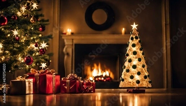 Obraz Illuminated christmas trees with red and golden garlands into a forest with snowy flakes with shape of stars close to xmas gifts in red boxes , Generative AI