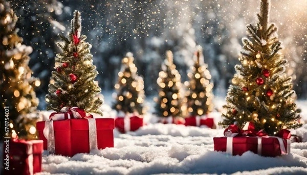 Obraz Illuminated christmas trees with red and golden garlands into a forest with snowy flakes with shape of stars close to xmas gifts in red boxes , Generative AI