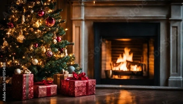 Obraz Illuminated christmas trees with red and golden garlands into a forest with snowy flakes with shape of stars close to xmas gifts in red boxes , Generative AI