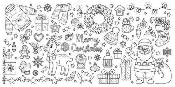 Fototapeta Outline set of Christmas and New Year elements for holiday design. Cute Santa, deer, Xmas decorations and other. Vector black and white contour cartoon illustrations perfect for kids coloring page.