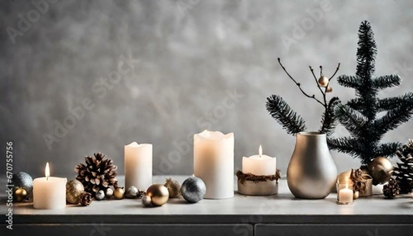 Obraz Stylish Christmas scandinavian minimalistic interior with white decor.