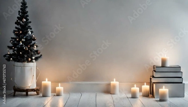 Obraz Stylish Christmas scandinavian minimalistic interior with white decor.
