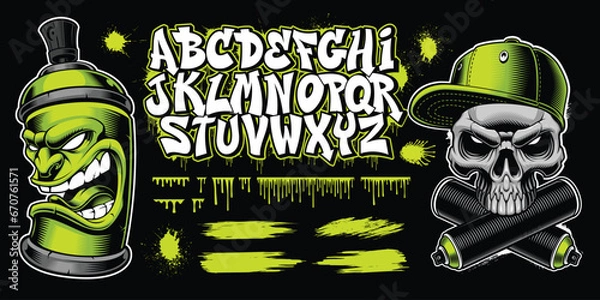 Obraz Graffiti themed vector clip art with a font and vector illustrations of a spray character and a skull