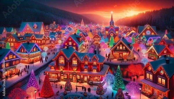 Fototapeta Vibrant Christmas Village with Twinkling Lights and Snow-Covered Rooftops. Generative AI