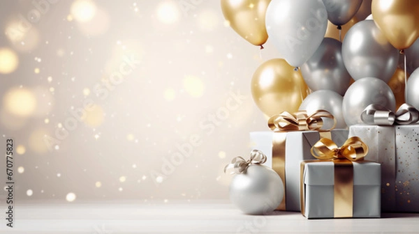 Obraz New year, Anniversary and Birthday party decoration, Party background, Colorful pastel balloons, confetti and gift boxes, Birthday card or backdrop, generative Ai
