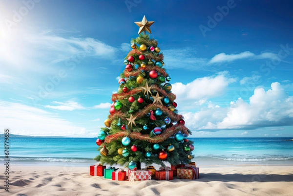 Obraz a christmas tree on sandy beach