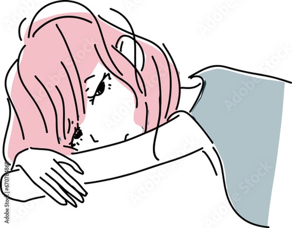 Obraz 眠いおしゃれな女性の線画・ラフなイラスト