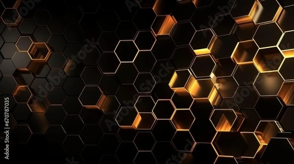 Fototapeta Abstract futuristic luxurious digital geometric technology hexagon background banner illustration 3d - Glowing gold, black hexagonal 3d shape texture wall. Decor concept. Wallpaper concept.Art concept