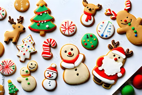 Fototapeta I made various shapes of cookies for Christmas. Snowman cookies, Santa cookies, Rudolph deer cookies, and more look delicious. Generative AI.