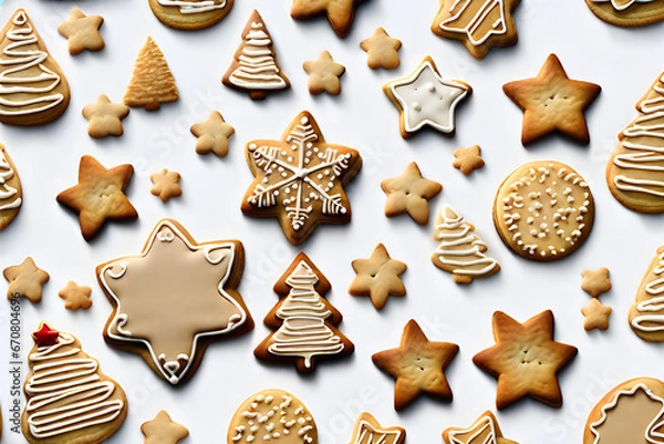 Fototapeta Pretty and delicious Christmas cookies came together. Christmas tree cookies, star-shaped cookies, you can see various kinds.
 Generative AI.