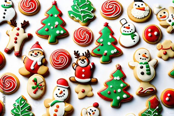 Fototapeta It is a variety of cookies that you can see on Christmas. Snowman cookies, Christmas tree cookies, and Rudolph the Deer cookies are beautifully decorated. Generative AI.