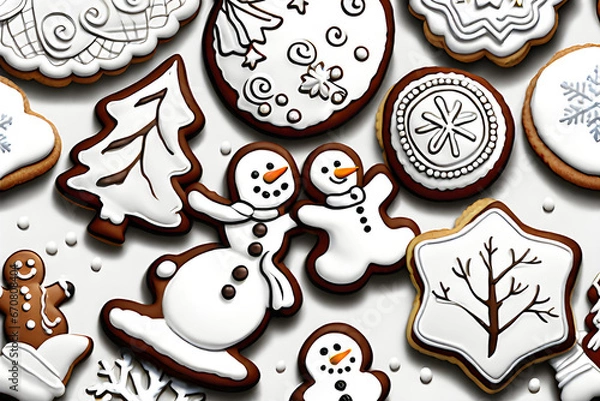 Fototapeta I made cookies with winter and Christmas images in winter.
It is expressed like white snow, and Christmas tree cookies and snowman cookies are beautifully decorated. Generative AI.