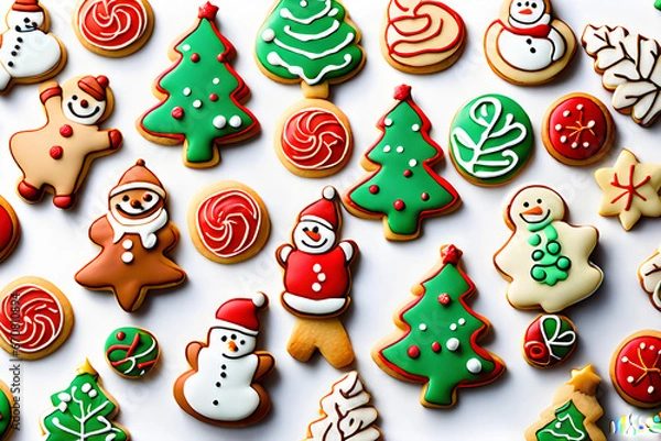 Fototapeta They are cookies made on winter Christmas.  Christmas tree cookies, snowman cookies, gingerbread man cookies, and Santa cookies are beautifully decorated. Generative AI.