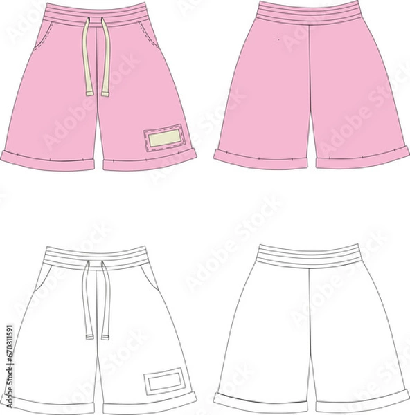 Fototapeta Drawing of women's shorts. Front view and rear view. Technical sketch for clothing manufacturers.