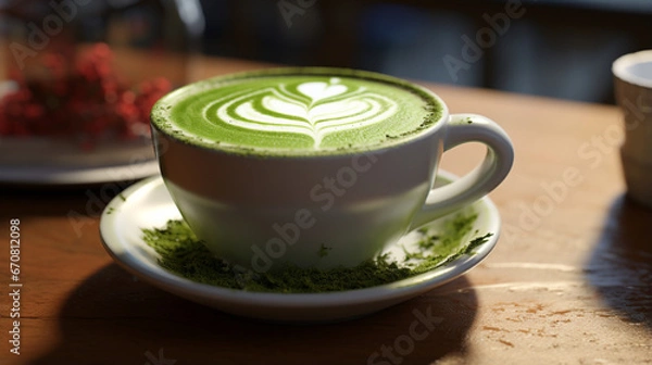 Fototapeta Matcha green tea latte on the wood table in the cafe with sun light for product presentation in front view. Created using generative AI.
