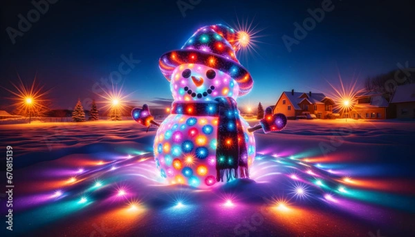 Obraz a snowman bathed in a myriad of lights. Each light source casts a different hue on the snow, resulting in a kaleidoscope of colors
