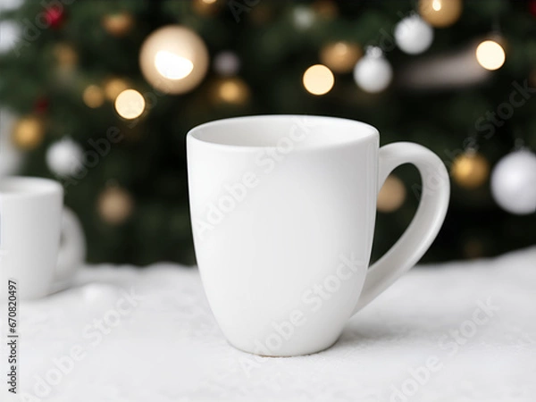 Fototapeta The empty white mug mock-up with beautiful blured bokeh Christmas atmosphere background for happy holiday xmas and new year festive.