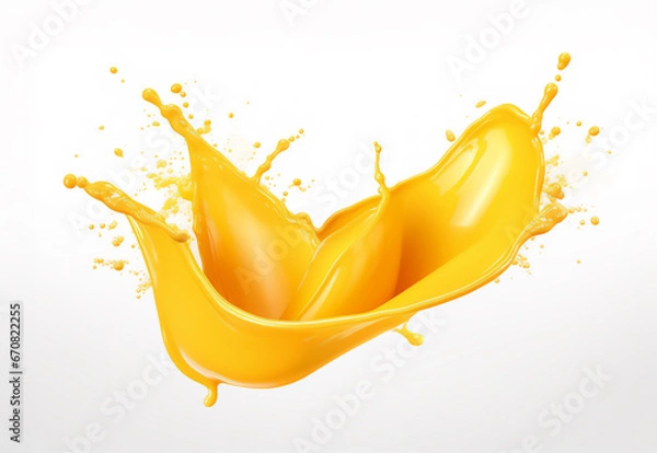 Fototapeta Splash of yellow juice isolated, orange juice, mango juice splash on white background