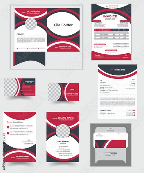 Fototapeta Creative and modern stationary identity pack design template. Elegant fresh clean and futuristic stationary set with abstract formal design concept. Editable vector illustration stationary set design.