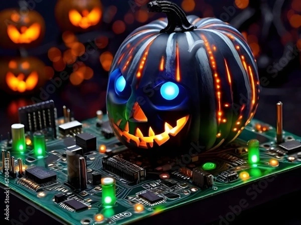 Fototapeta Haunted Circuit Board: Halloween Tech Spectacle Generated by AI